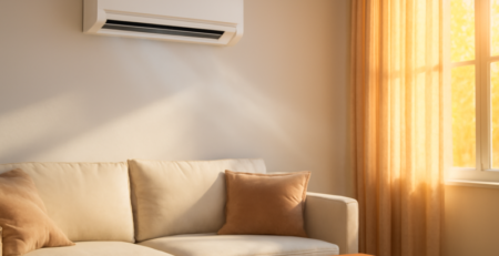 Airco aan de muur in een woonkamer tijdens een hittegolf met zonwering dicht