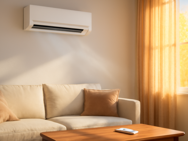 Airco aan de muur in een woonkamer tijdens een hittegolf met zonwering dicht