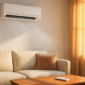 Airco aan de muur in een woonkamer tijdens een hittegolf met zonwering dicht