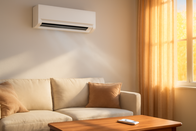Airco aan de muur in een woonkamer tijdens een hittegolf met zonwering dicht