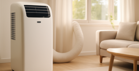 Mobiele monoblock airco zonder buitenunit in een lichte moderne woonkamer