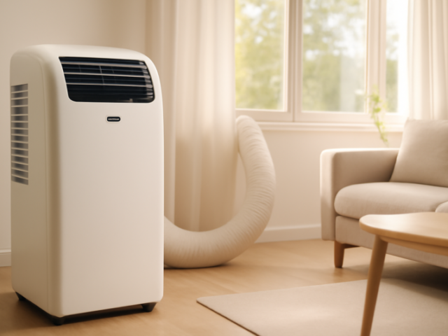Mobiele monoblock airco zonder buitenunit in een lichte moderne woonkamer