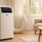 Mobiele monoblock airco zonder buitenunit in een lichte moderne woonkamer