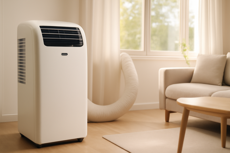 Mobiele monoblock airco zonder buitenunit in een lichte moderne woonkamer