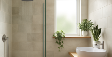 Moderne duurzame badkamer met waterbesparende douchekop en natuurlijke materialen