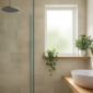 Moderne duurzame badkamer met waterbesparende douchekop en natuurlijke materialen