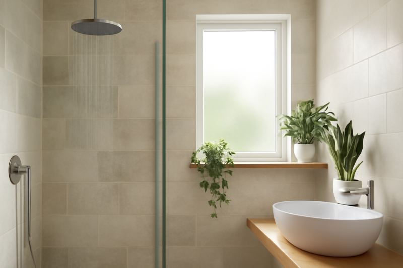 Moderne duurzame badkamer met waterbesparende douchekop en natuurlijke materialen