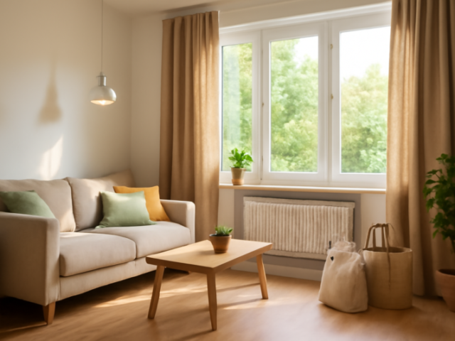Duurzaam ingericht appartement met LED-verlichting, dikke gordijnen en radiatorfolie