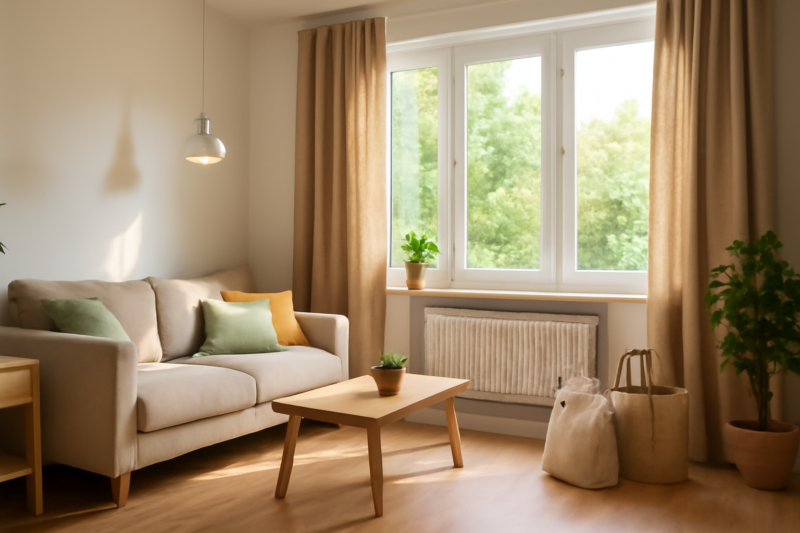 Duurzaam ingericht appartement met LED-verlichting, dikke gordijnen en radiatorfolie