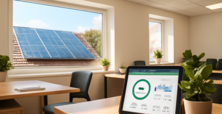Duurzaam MKB-kantoor met zonnepanelen, LED-verlichting en energiemonitoring op tablet