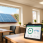 Duurzaam MKB-kantoor met zonnepanelen, LED-verlichting en energiemonitoring op tablet