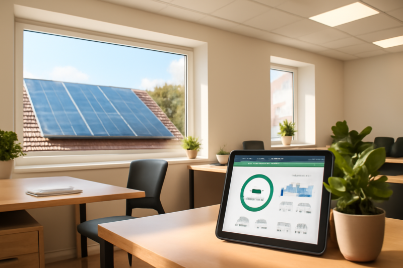 Duurzaam MKB-kantoor met zonnepanelen, LED-verlichting en energiemonitoring op tablet