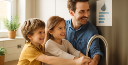 Ouder en kinderen die samen water besparen in een lichte, duurzame keuken