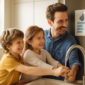 Ouder en kinderen die samen water besparen in een lichte, duurzame keuken