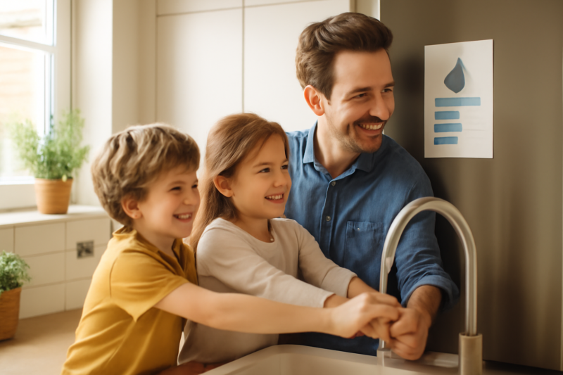 Ouder en kinderen die samen water besparen in een lichte, duurzame keuken