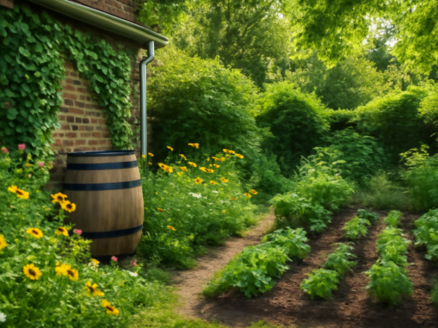 Duurzame tuin met regenton, klimplanten op de gevel en wilde bloemen