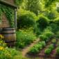Duurzame tuin met regenton, klimplanten op de gevel en wilde bloemen