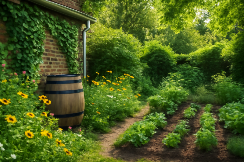 Duurzame tuin met regenton, klimplanten op de gevel en wilde bloemen