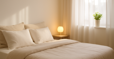Duurzame slaapkamer met linnen beddengoed, houten meubels en een energiezuinige ledlamp