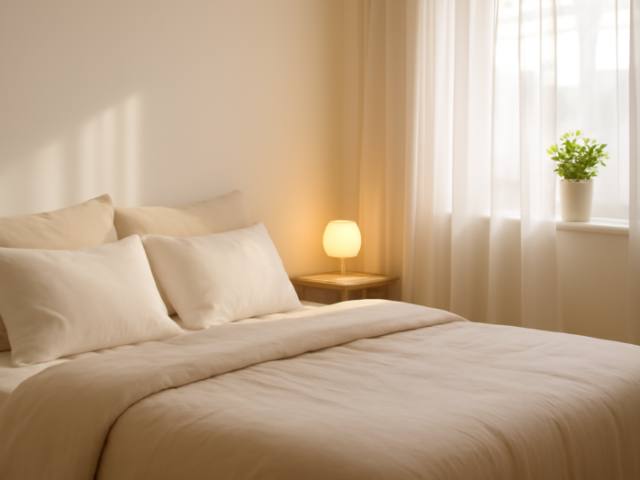 Duurzame slaapkamer met linnen beddengoed, houten meubels en een energiezuinige ledlamp
