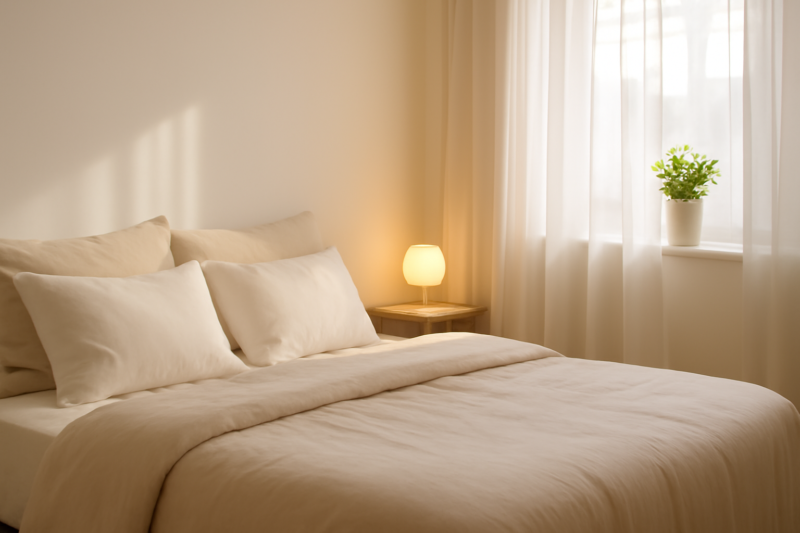 Duurzame slaapkamer met linnen beddengoed, houten meubels en een energiezuinige ledlamp