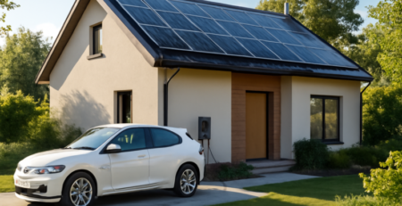 Elektrische auto aan laadpaal thuis, zonnepanelen op het dak in de zon