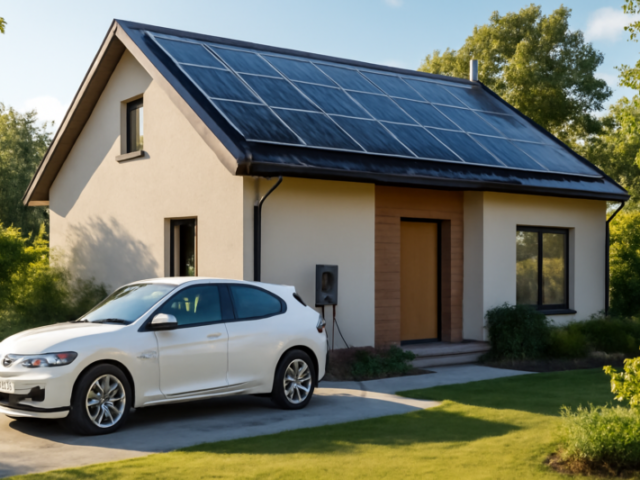 Elektrische auto aan laadpaal thuis, zonnepanelen op het dak in de zon