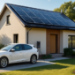 Elektrische auto aan laadpaal thuis, zonnepanelen op het dak in de zon