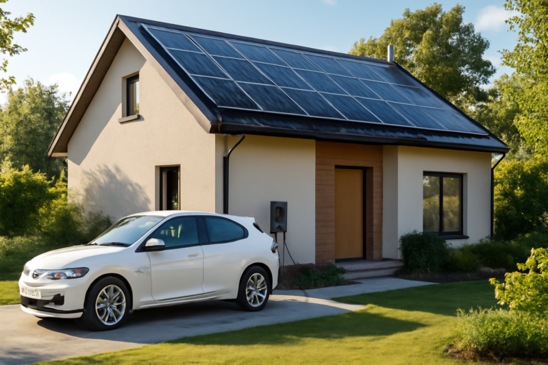 Elektrische auto aan laadpaal thuis, zonnepanelen op het dak in de zon