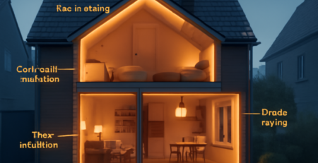 Doorsnede van een woning met spouwmuur-, dak-, vloer- en glasisolatie vergeleken