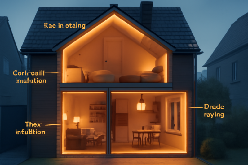 Doorsnede van een woning met spouwmuur-, dak-, vloer- en glasisolatie vergeleken