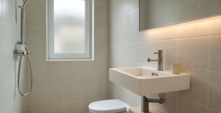Kleine duurzame badkamer in appartement met waterbesparende douche en LED-verlichting