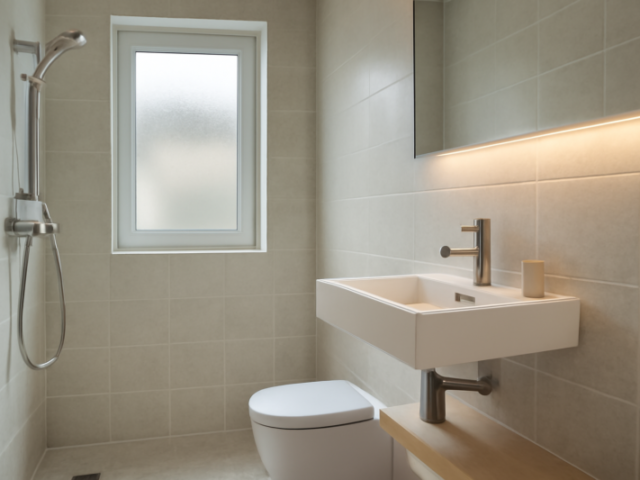 Kleine duurzame badkamer in appartement met waterbesparende douche en LED-verlichting