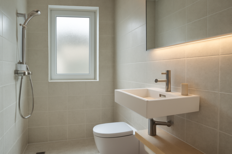 Kleine duurzame badkamer in appartement met waterbesparende douche en LED-verlichting