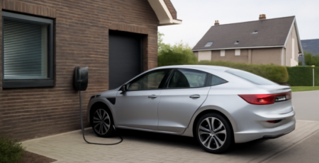Elektrische auto die oplaadt bij een thuislaadpaal op een oprit van een moderne woning