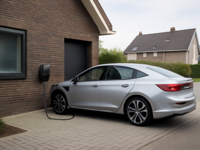 Elektrische auto die oplaadt bij een thuislaadpaal op een oprit van een moderne woning