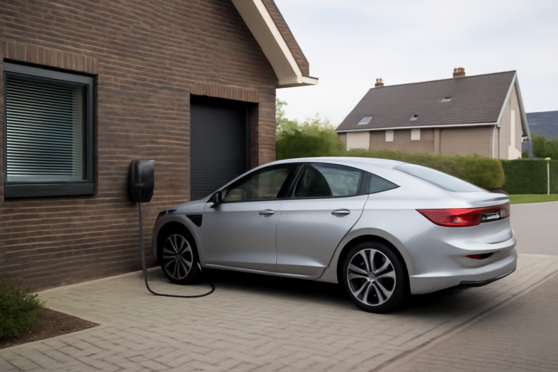 Elektrische auto die oplaadt bij een thuislaadpaal op een oprit van een moderne woning