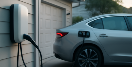 Elektrische auto aangesloten op een thuislaadpaal aan de buitenmuur van een woning