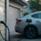Elektrische auto aangesloten op een thuislaadpaal aan de buitenmuur van een woning