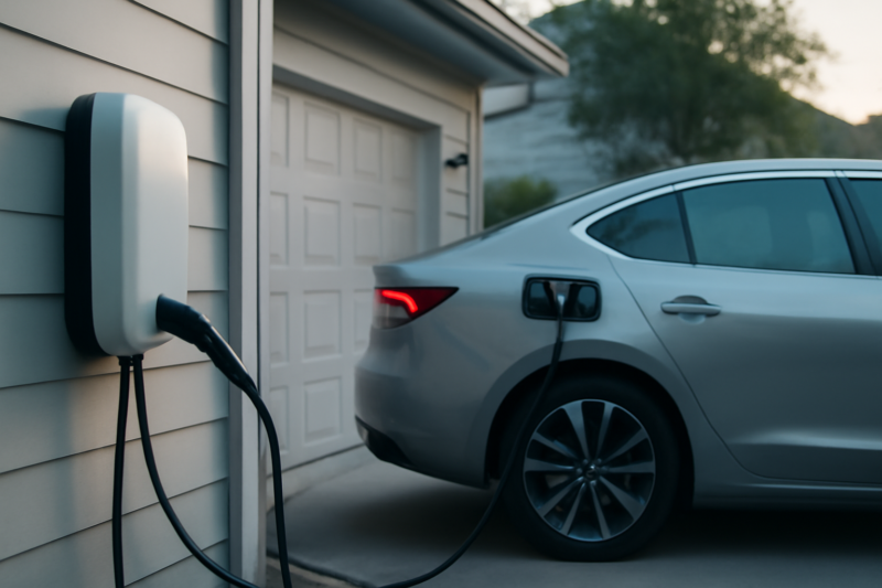 Elektrische auto aangesloten op een thuislaadpaal aan de buitenmuur van een woning