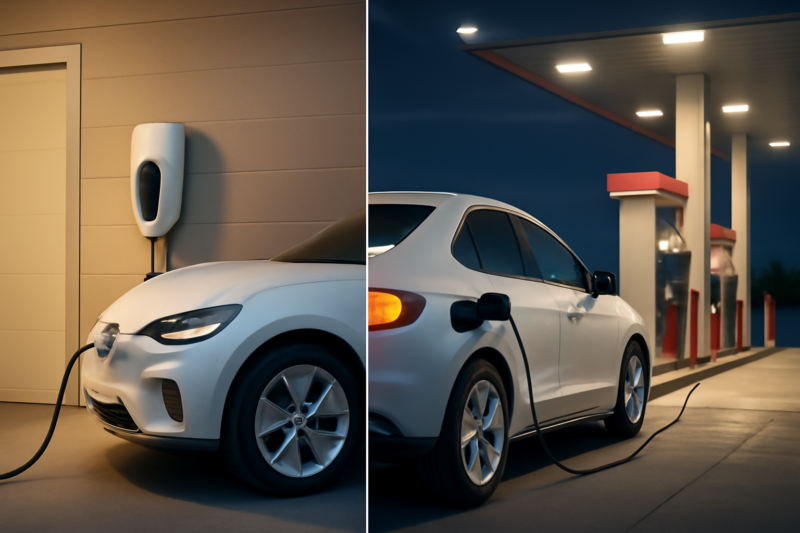 Elektrische auto bij thuislaadpaal versus benzineauto aan de brandstofpomp in 2026