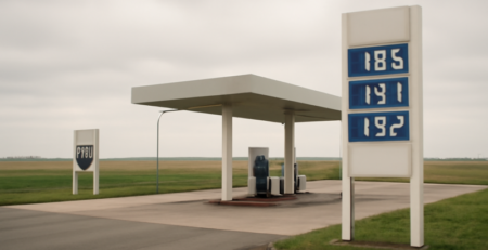 Benzinestation in Nederland met prijsborden aan de pomp op een bewolkte dag