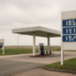 Benzinestation in Nederland met prijsborden aan de pomp op een bewolkte dag