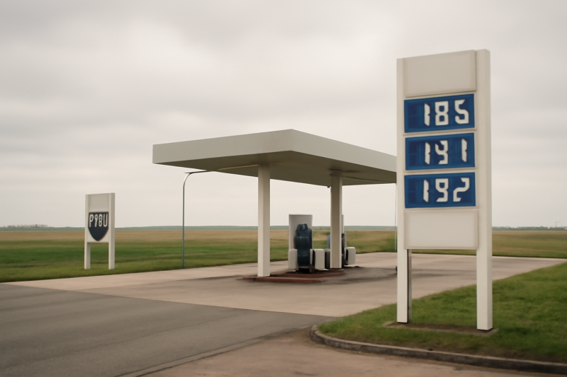 Benzinestation in Nederland met prijsborden aan de pomp op een bewolkte dag