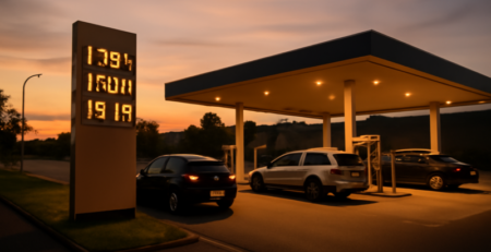 Nederlandse automobilist tankt benzine bij een verlicht tankstation in de avondschemering