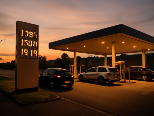 Nederlandse automobilist tankt benzine bij een verlicht tankstation in de avondschemering