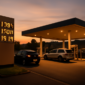 Nederlandse automobilist tankt benzine bij een verlicht tankstation in de avondschemering