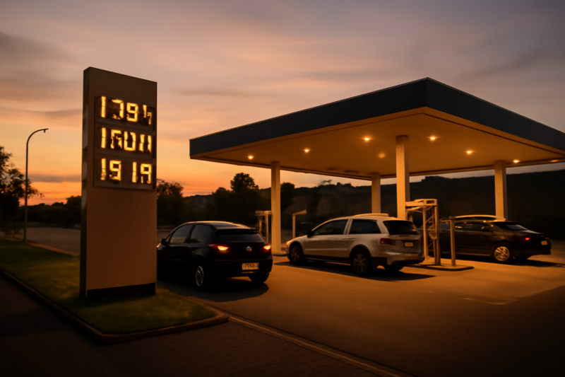 Nederlandse automobilist tankt benzine bij een verlicht tankstation in de avondschemering