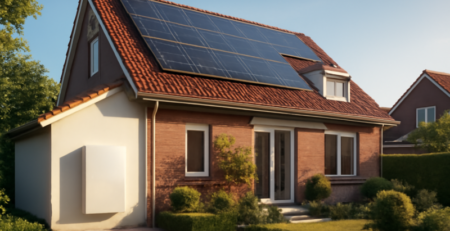 Woonhuis met zonnepanelen op het dak en een thuisbatterij aan de gevel