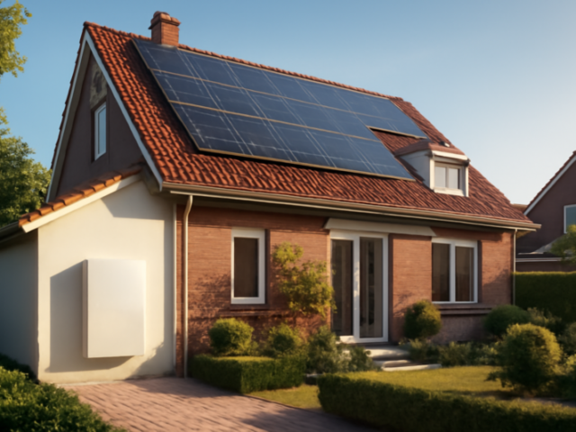 Woonhuis met zonnepanelen op het dak en een thuisbatterij aan de gevel